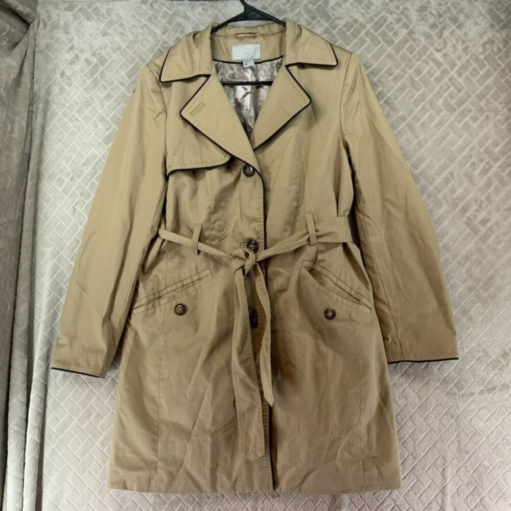 H&M Womens 12 Trench Coat Tan Knee Length Belted Wide Lapel Timeless Minimalist - Picture 1 of 16